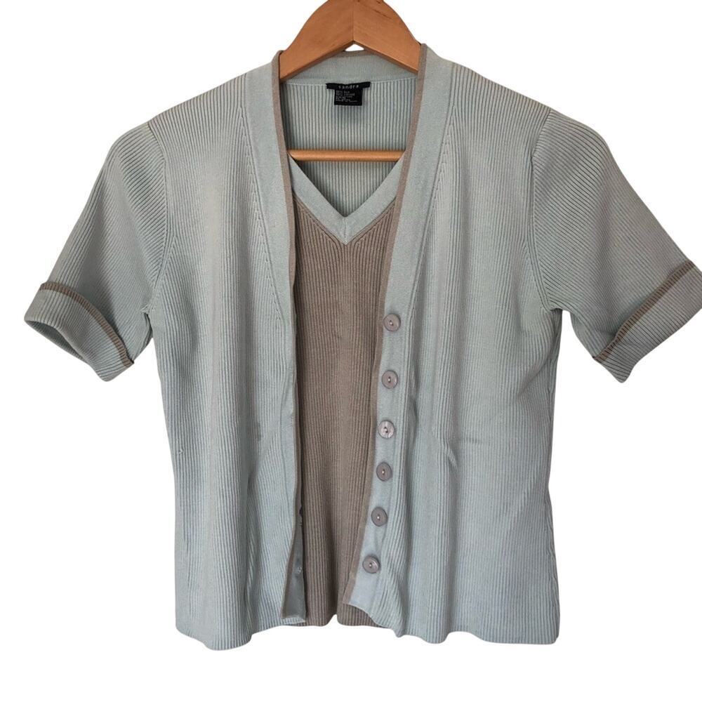 Y2K Grandmacore 2-in-1 Turquoise Cardigan Top Layered Short Sleeve‎ M